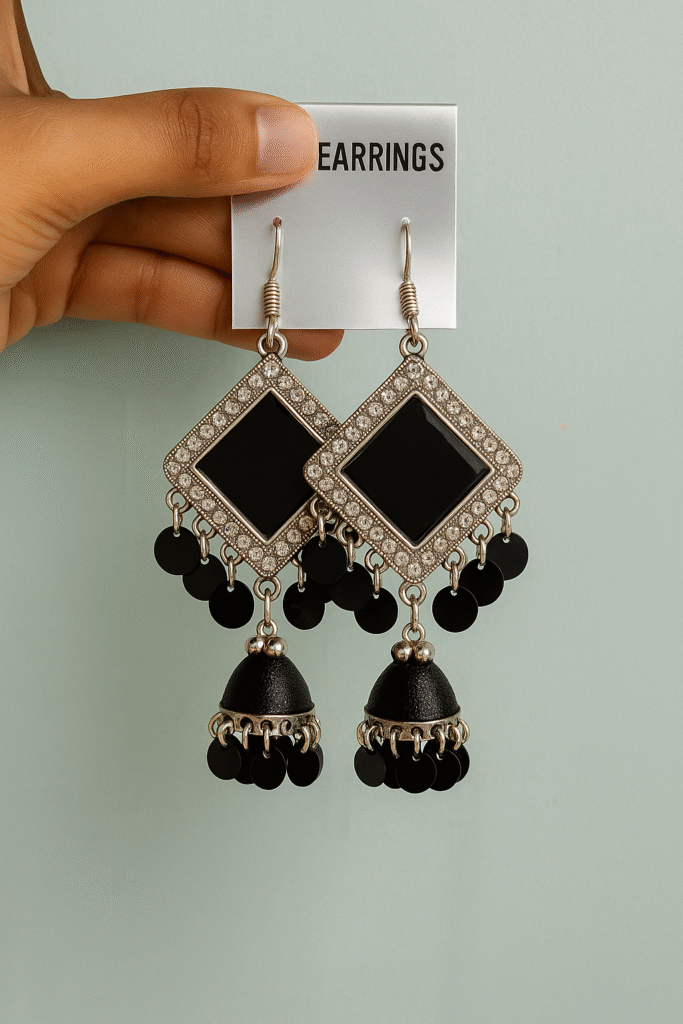 Black Mirror Dangle Jhumka Earrings