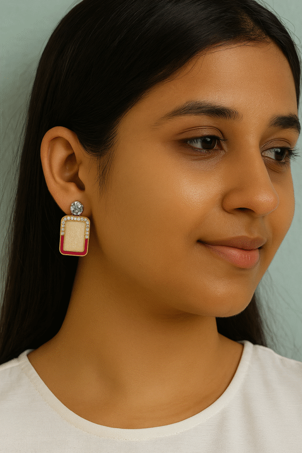 elegant rectangular crystal earrings with pink enamel & rhinestone detailing