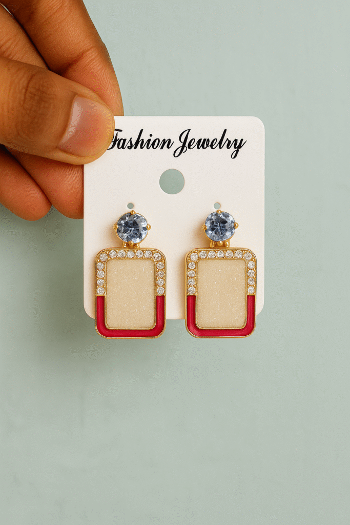 Elegant Rectangular Crystal Earrings with Pink Enamel & Rhinestone Detailing