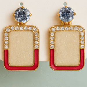 Elegant Rectangular Crystal Earrings with Pink Enamel & Rhinestone Detailing