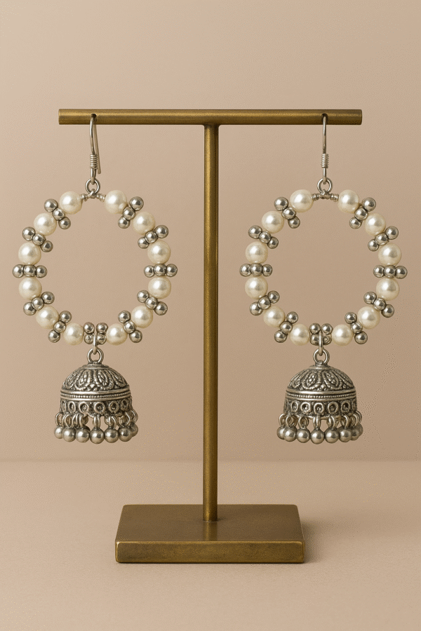 pearl & silver beaded hoop jhumka earrings
