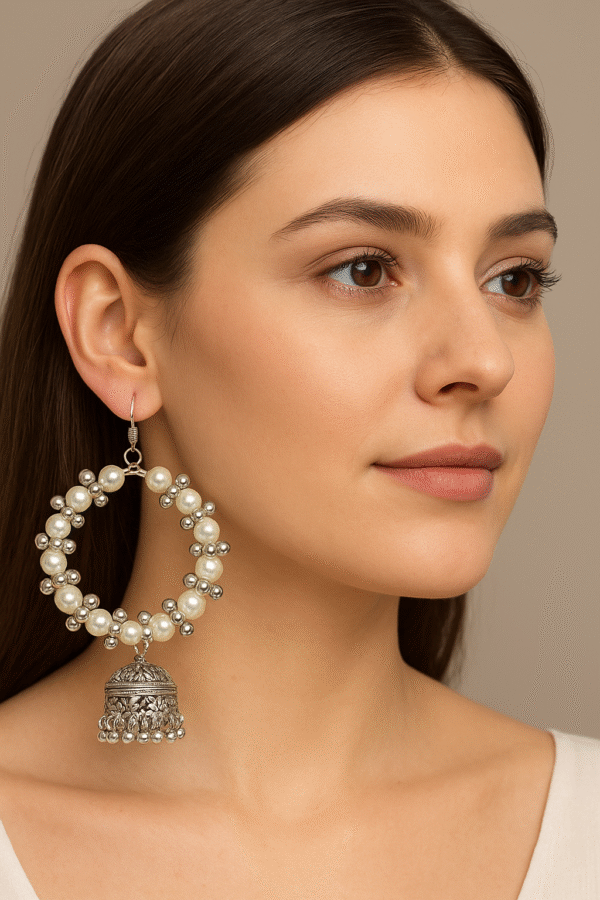pearl & silver beaded hoop jhumka earrings