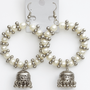 pearl & silver beaded hoop jhumka earrings