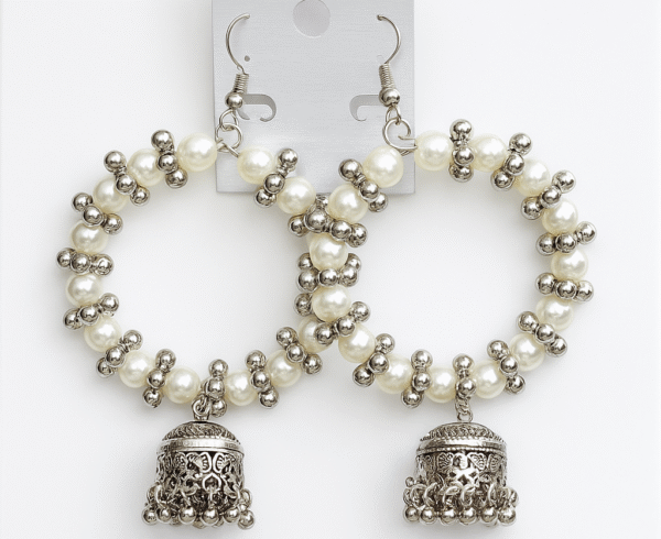 pearl & silver beaded hoop jhumka earrings