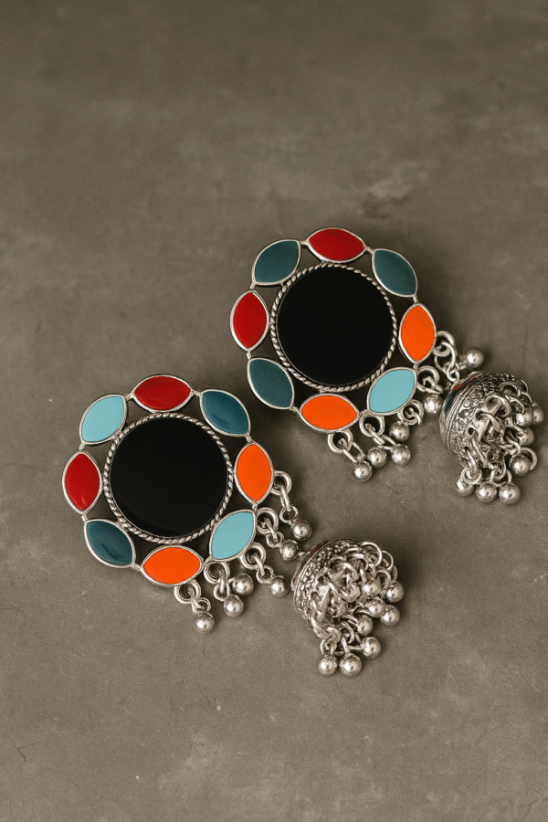 trendy mirror work multicolor oxidised jhumka earrings