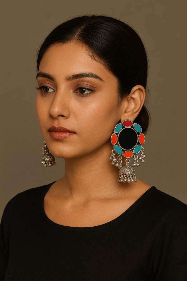 trendy mirror work multicolor oxidised jhumka earrings