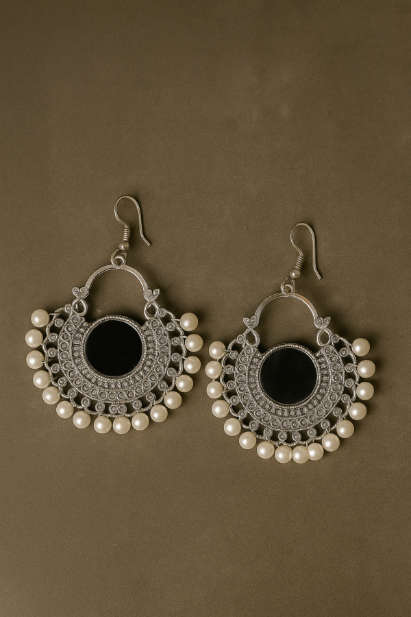 silver plated pearl studded mirror work traditional earrings