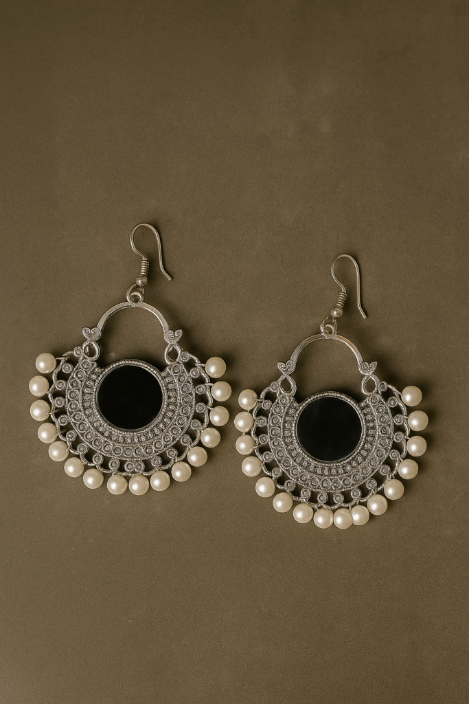 Silver Plated Pearl Studded Mirror Work Traditional Earrings