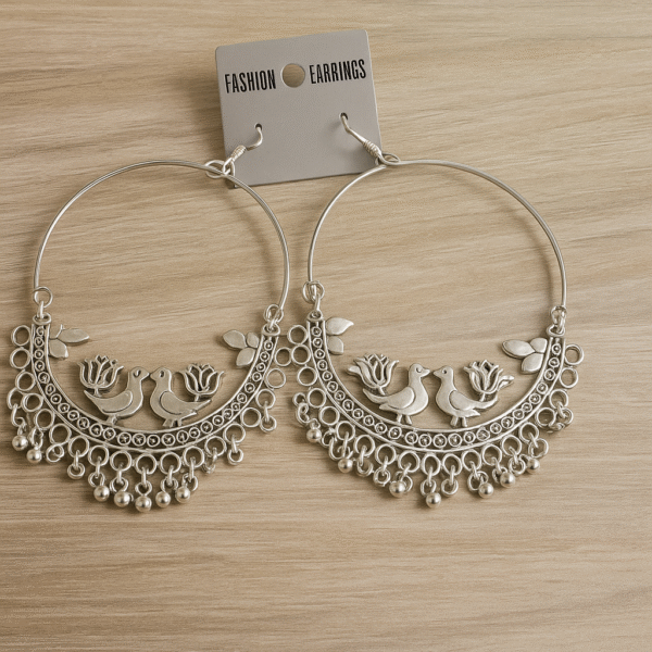 trendy oxidised silver bird & floral hoop jhumka earrings