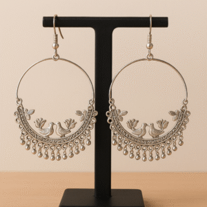 trendy oxidised silver bird & floral hoop jhumka earrings