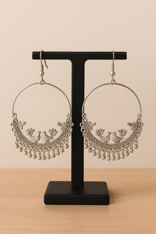 trendy oxidised silver bird & floral hoop jhumka earrings