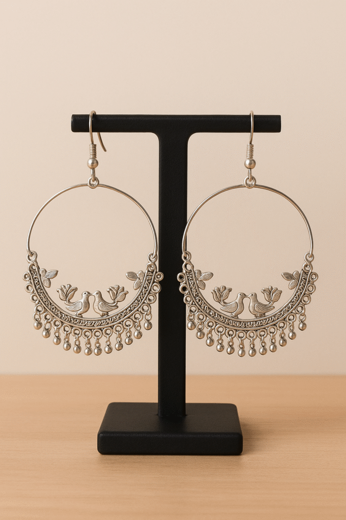 Trendy Oxidised Silver Bird & Floral Hoop Jhumka Earrings