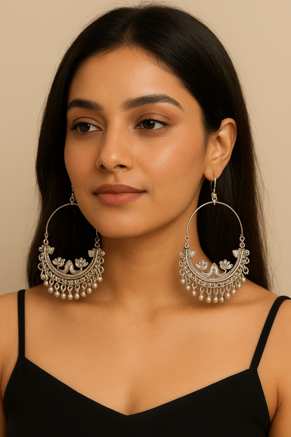 trendy oxidised silver bird & floral hoop jhumka earrings
