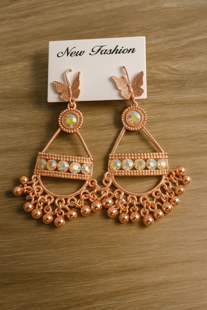 Trendy Rose Gold Butterfly Studded Jhumka Earrings with Sparkling Stones