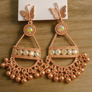 trendy rose gold butterfly studded jhumka earrings with sparkling stones