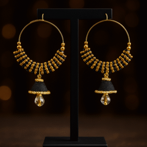gold plated black beads hoop earrings with jhumka and crystal drop