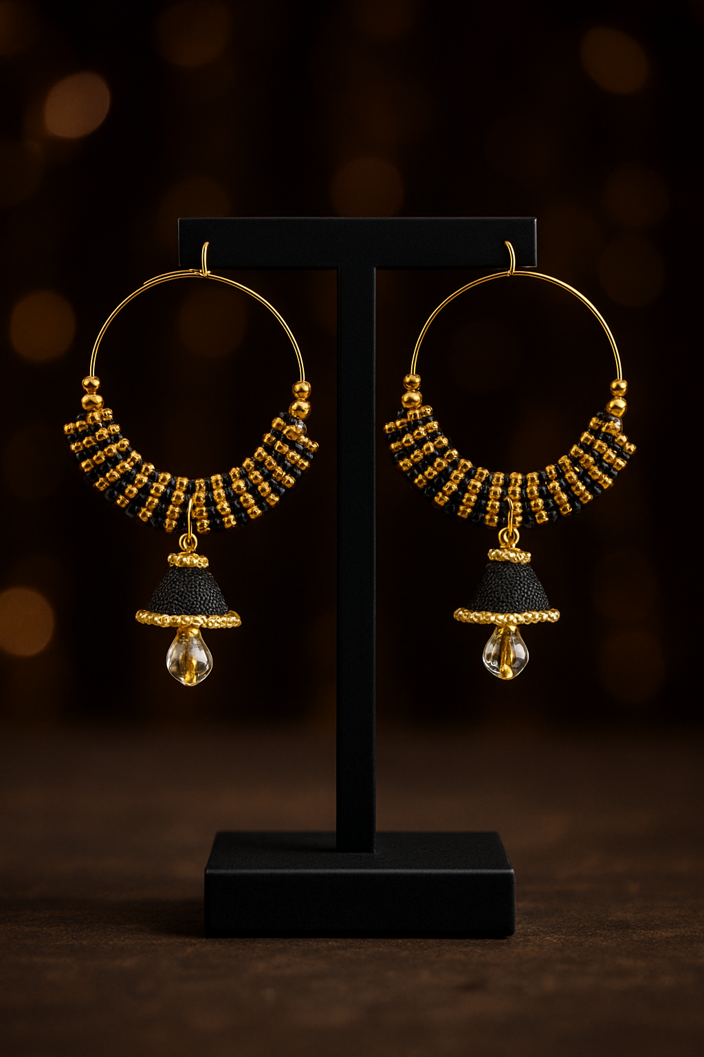 Gold Plated Black Beads Hoop Earrings with Jhumka and Crystal Drop