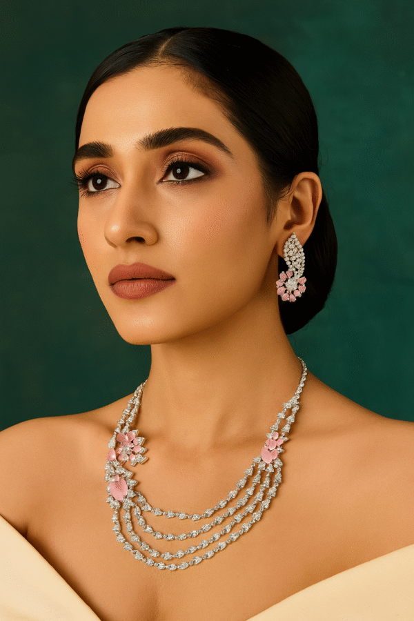 premium silver plated american diamond pink stone bridal necklace set with earrings