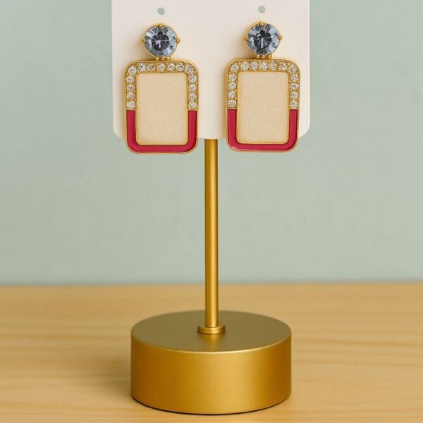 elegant rectangular crystal earrings with pink enamel & rhinestone detailing
