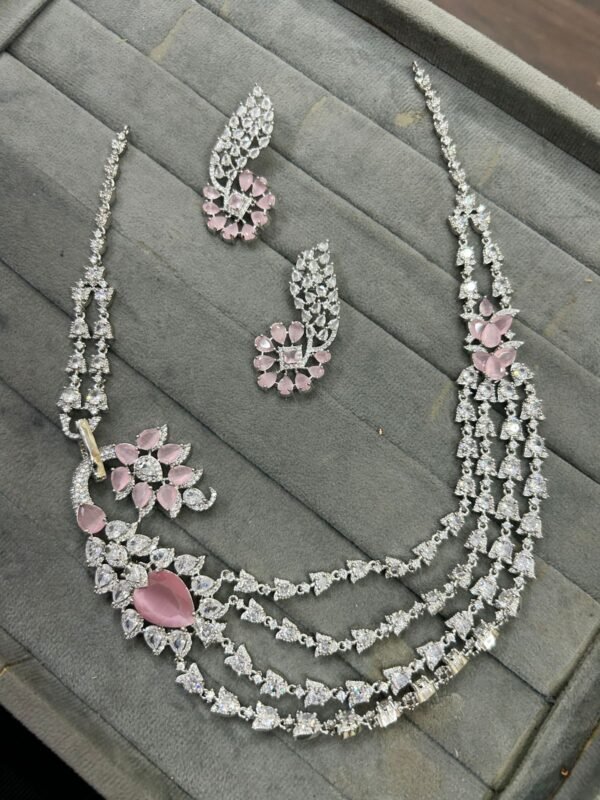 premium silver plated american diamond pink stone bridal necklace set with earrings