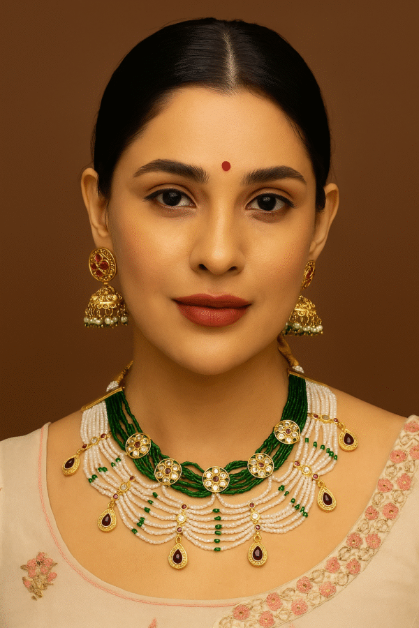 premium multi layered pearl & bead necklace set with earrings