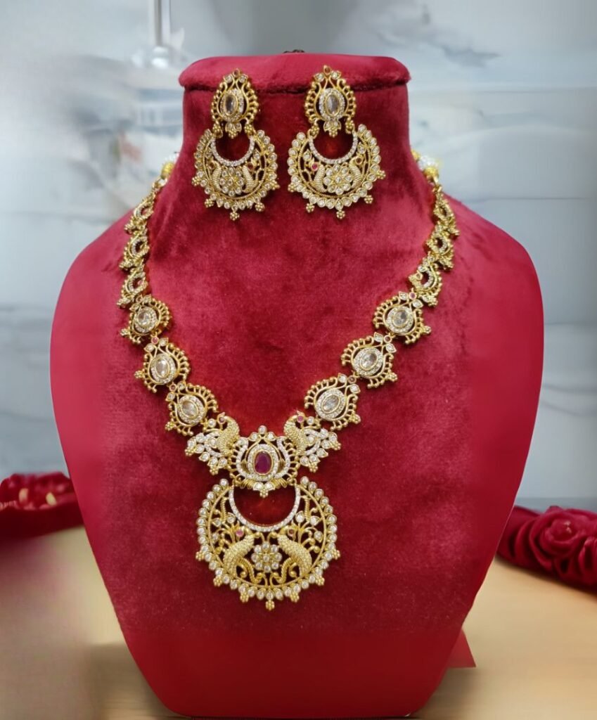 Antique Gold Plated Peacock Design Necklace Set with Earrings