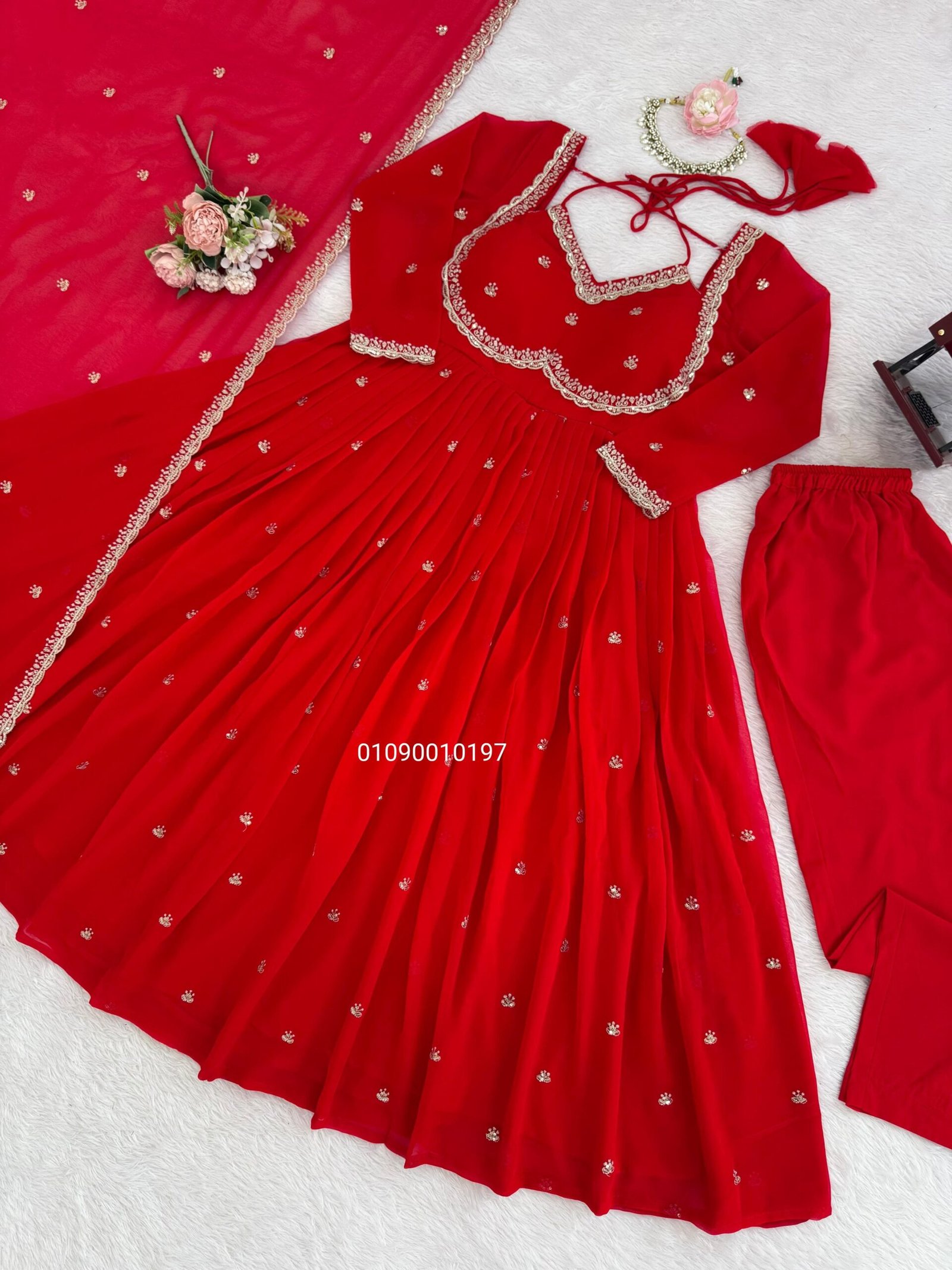Premium Red Faux Georgette Embroidered Anarkali Suit with Dupatta & Pants