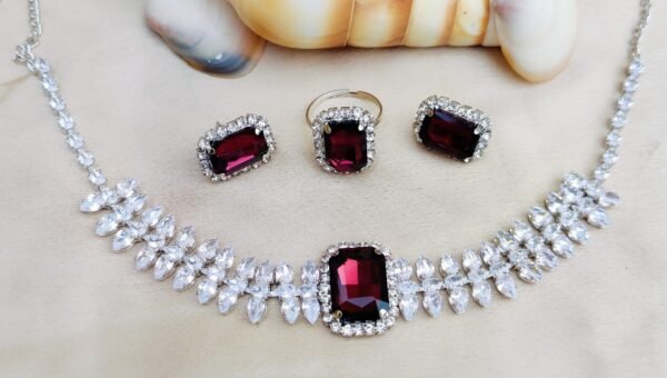 crystal glass & ad stone choker necklace set with earrings & ring