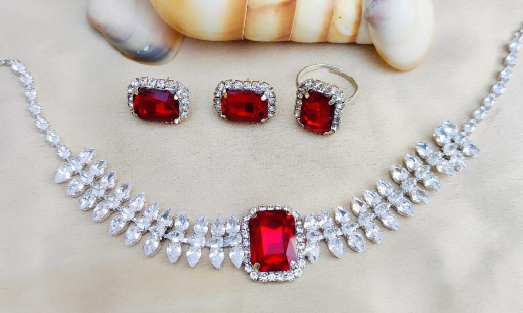 Crystal Glass & AD Stone Choker Necklace Set with Earrings & Ring