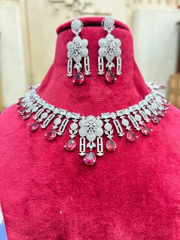 luxury silver toned ad stone necklace set with earrings