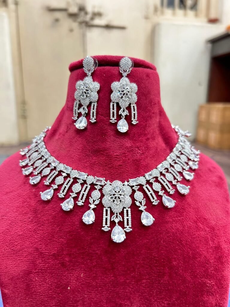 Luxury Silver-Toned AD Stone Necklace Set with Earrings