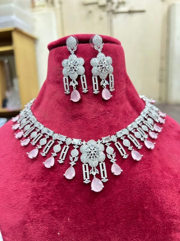 luxury silver toned ad stone necklace set with earrings