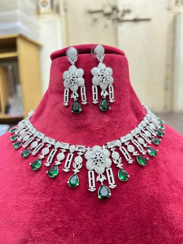 luxury silver toned ad stone necklace set with earrings