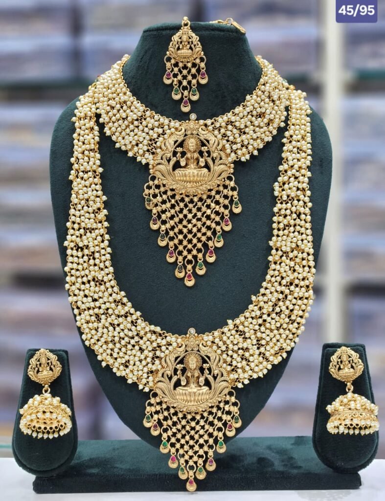 Bridal Temple Jewellery Set with Pearl Beads & Lakshmi Pendant
