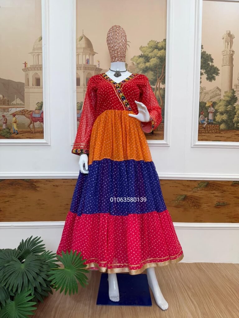 Multi-Color Faux Georgette Gown with Mirror Work & 7-Meter Flair | Party & Festive Wear