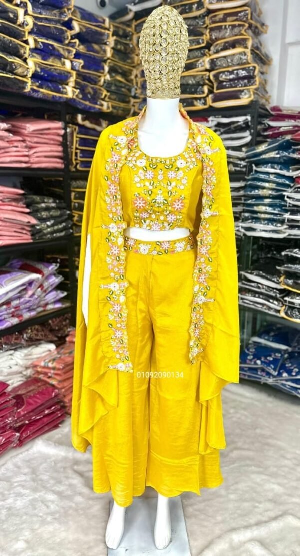 fashion4u yellow chinon party wear set with bustier, palazzo & shrug | embroidered sequence work