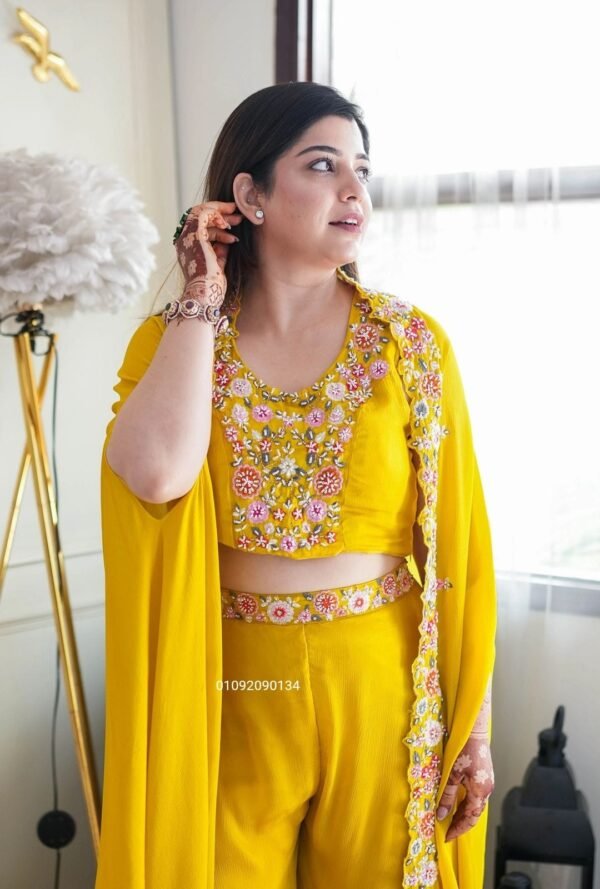 fashion4u yellow chinon party wear set with bustier, palazzo & shrug | embroidered sequence work