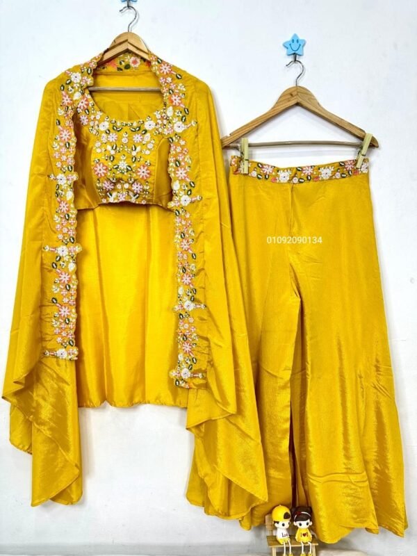 fashion4u yellow chinon party wear set with bustier, palazzo & shrug | embroidered sequence work