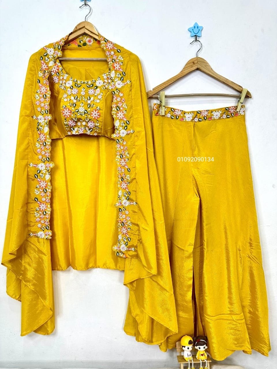 Fashion4U Yellow Chinon Party Wear Set with Bustier, Palazzo & Shrug | Embroidered Sequence Work