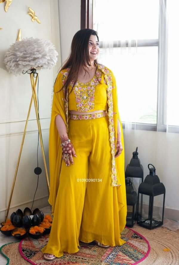 fashion4u yellow chinon party wear set with bustier, palazzo & shrug | embroidered sequence work
