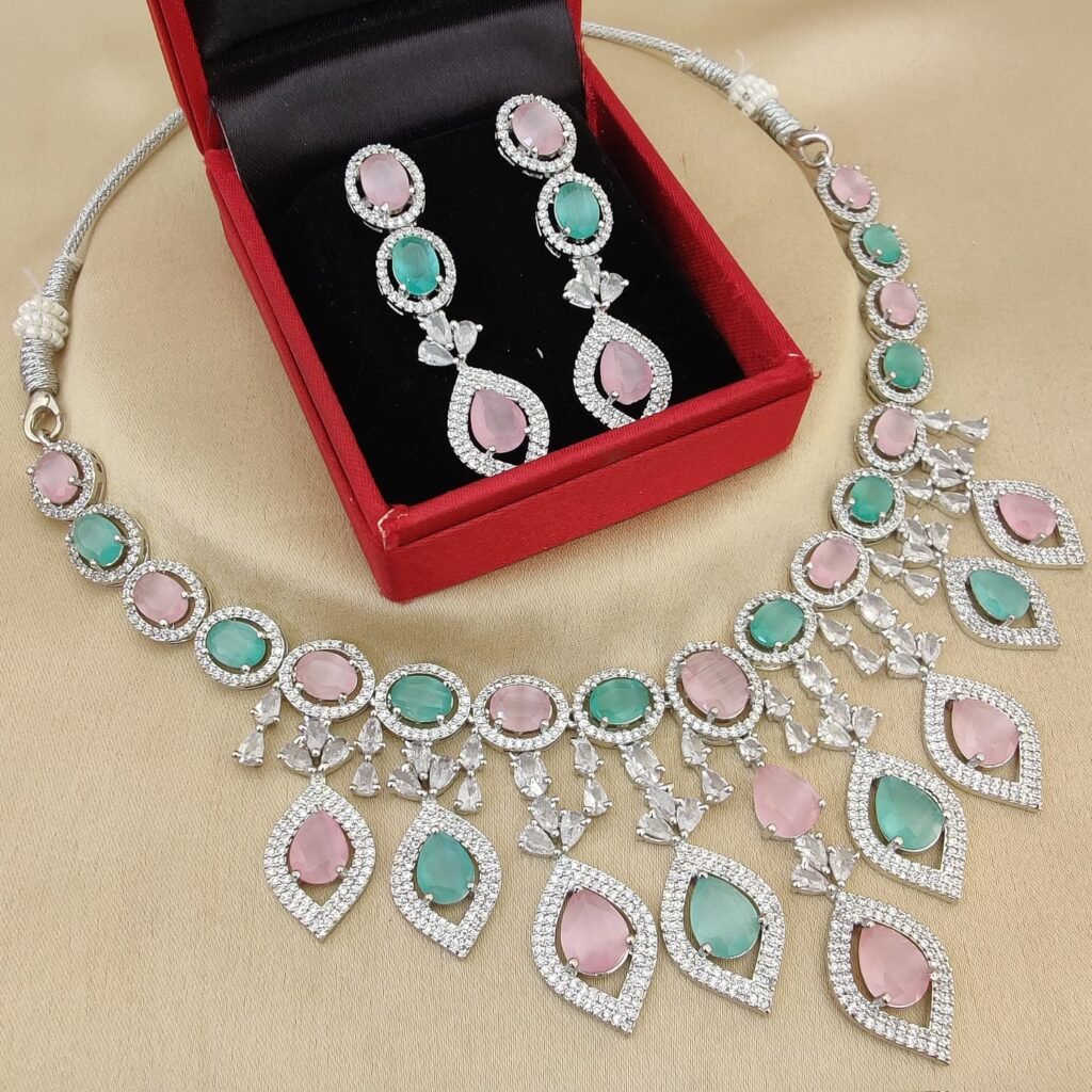 Pink & Green Dual-Tone Necklace Set