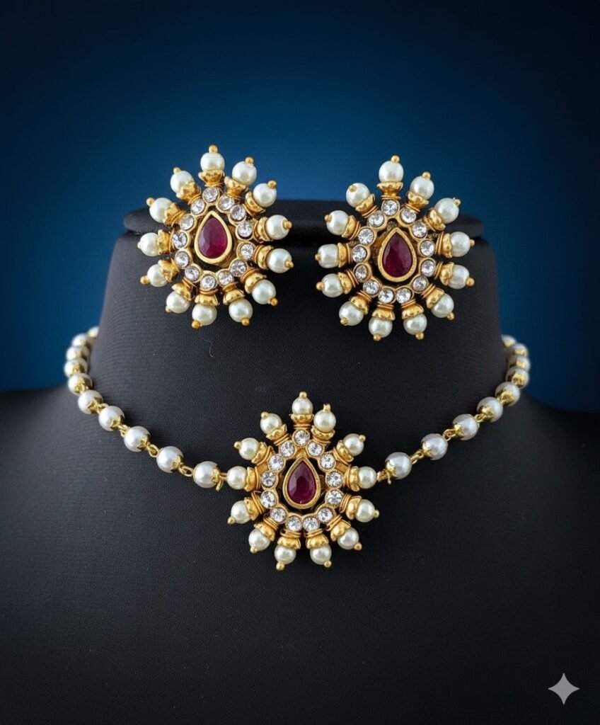 Royal Pearl & Ruby Choker Set with Earrings