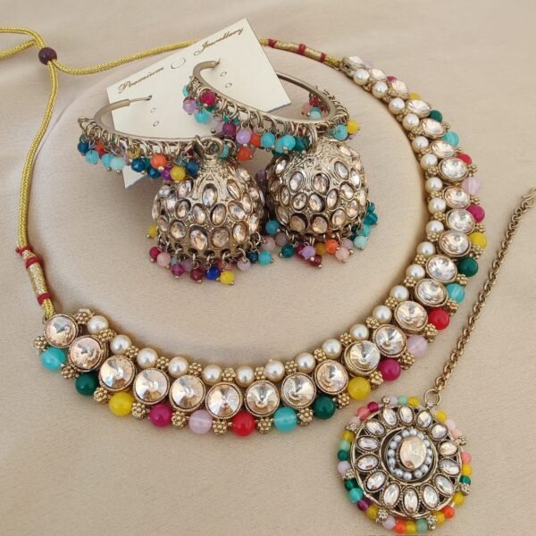 royal pearl & ruby choker set + colorful kundan necklace with jhumka earrings