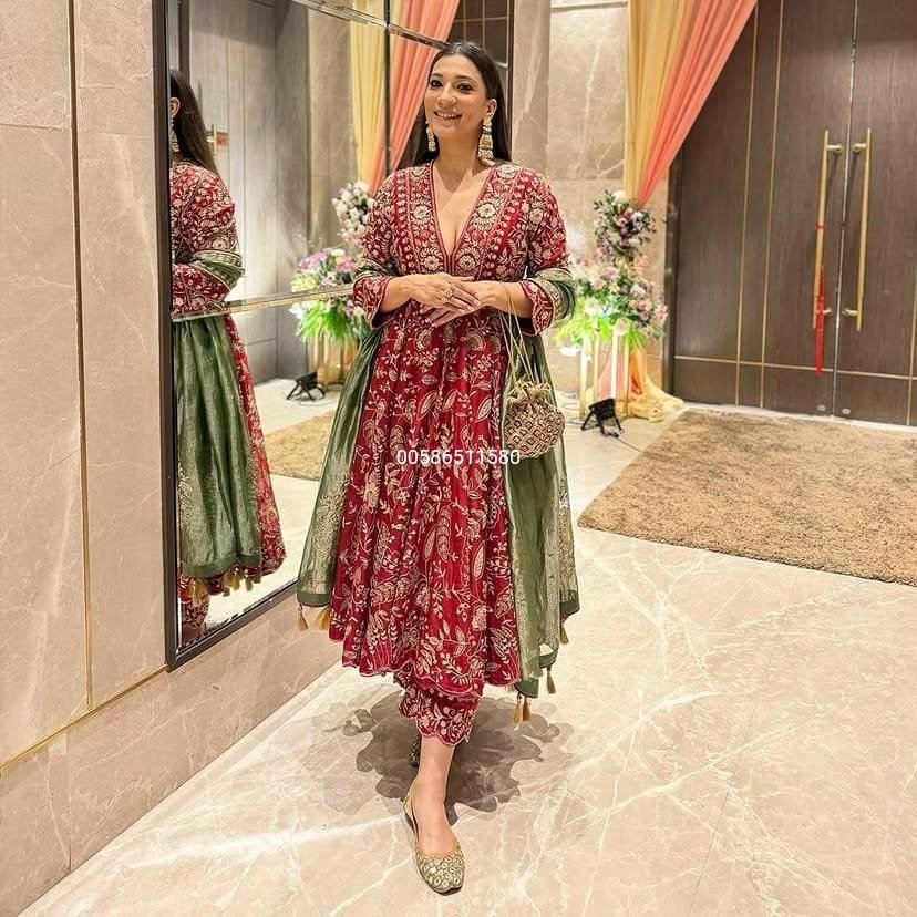 Premium Red Anarkali Gown Set in Chinon Silk with Heavy Sequins Embroidery & Green Dupatta