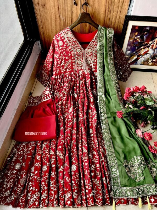 premium red anarkali gown set in chinon silk with heavy sequins embroidery & green dupatta