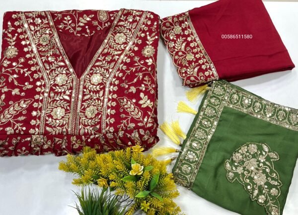 premium red anarkali gown set in chinon silk with heavy sequins embroidery & green dupatta