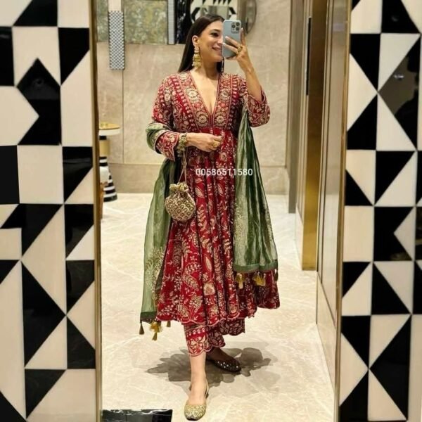 premium red anarkali gown set in chinon silk with heavy sequins embroidery & green dupatta