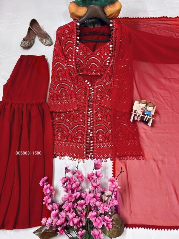 red embroidered indo western sharara set with jacket & dupatta