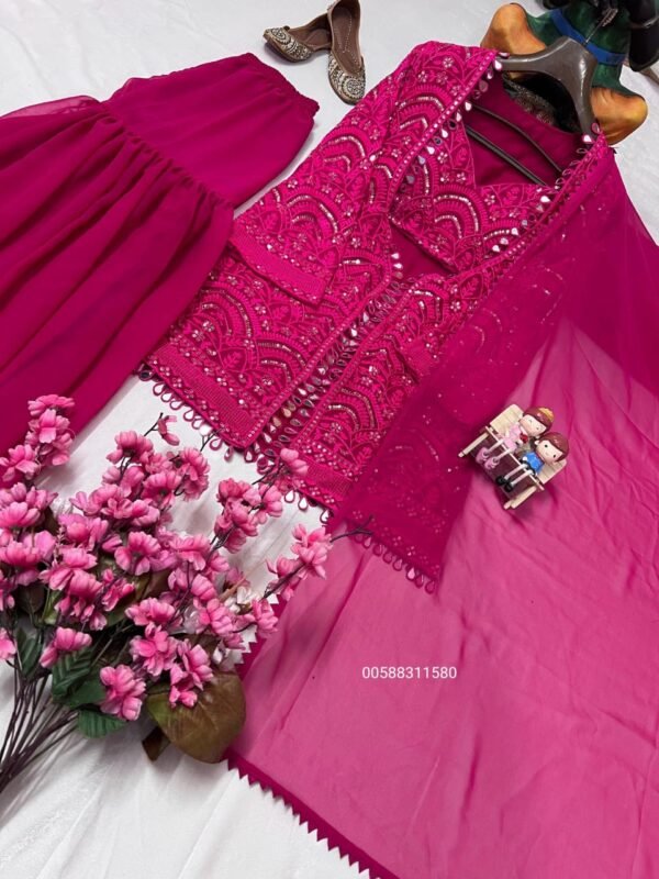 red embroidered indo western sharara set with jacket & dupatta