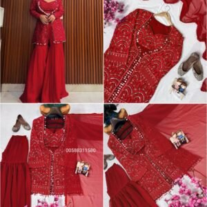 red embroidered indo western sharara set with jacket & dupatta